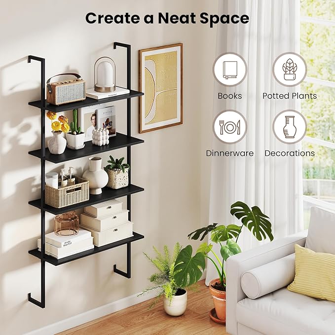 Tangkula 4-Tier Wall-Mounted Bookshelf, Industrial Modern Floating Storage Display Shelves with Metal Frame, Wall-Mounted Ladder Wooden Bookcase for Living Room, Kitchen, Bar, Office (1, Black)