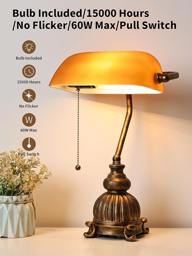 Retro Amber Glass Bankers Desk Lamp with Pull Chain Switch for Home Office, Library, Plug in Fixture, LED Bulb Included