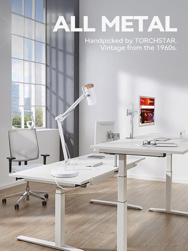 TORCHSTAR Tall Swing Arm Desk Lamp with Wooden Accent, Adjustable Large Size Max Height 31", E26 Base Metal Task Lamp, Office Desktop Lamp with On/Off Switch, for Reading, Study, Workbench, White