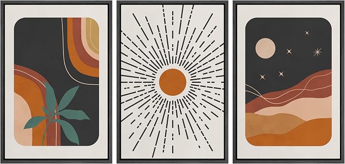 wall26 Framed Canvas Print Wall Art Set Boho Mid-Century Colorful Sun Moon Landscapes Nature Abstract Illustrations Modern Art Bohemian Decorative for Living Room, Bedroom, Office - 24"x36"x3 Black