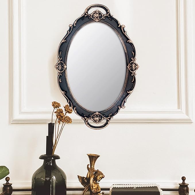 Eaoundm 14.5 x 10 inchs Oval Antique Decorative Wall Mirror Vintage Hanging Mirror (Brown 2 Pcs)