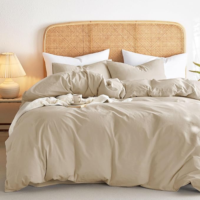 Wake In Cloud - Cotton Duvet Cover Set, 100% Washed Cotton, Linen Like Textured, Breathable Durable Comfy Farmhouse Neutral Bedding Set, 3 Pieces, Khaki Linen, Twin/Twin XL Size