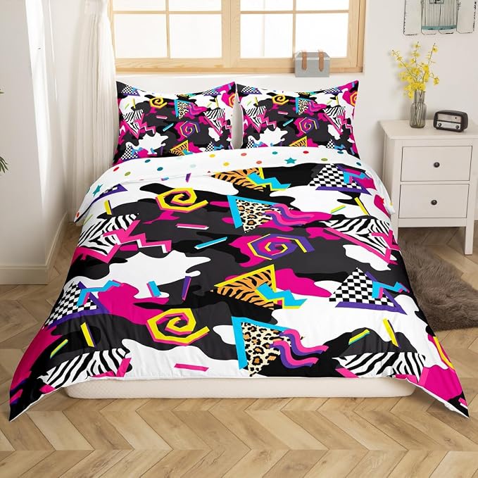 Military Theme Comforter Cover Irregular Camouflage Bedding Set for Teens Mens Boys Retro 80s 90s Memphis Duvet Cover Circular Triangle Geometric Quilt Cover Urban Art Bedroom Decor King Size