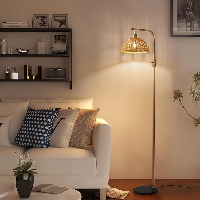 Boho Floor Lamp for Living Room: Rattan Floor Lamp for Bedroom - Gold Standing Lamp with Dimmable Tall Lamp,No Bulb