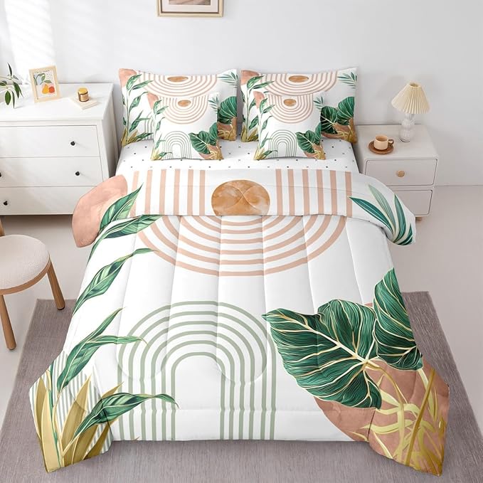 Erosebridal Pink and Green Boho Full Comforter Set with Sheets 7 Piece Aesthetic Mid Century Bed in A Bag Simple Line Botanical Leaf Art Bedding Sets for Women Modern Minimalist Tropical Bed Set