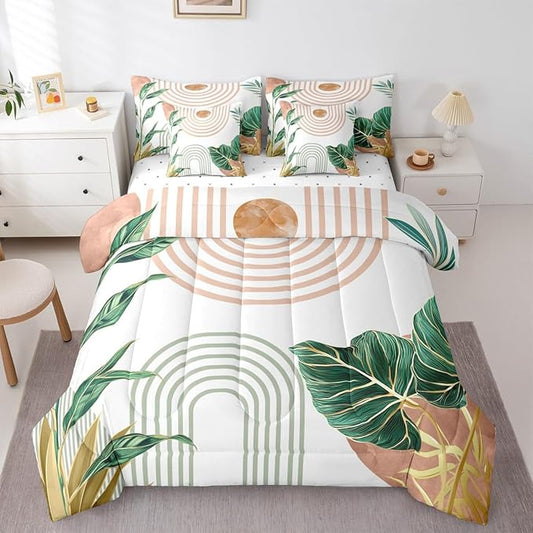 Erosebridal Pink and Green Boho Full Comforter Set with Sheets 7 Piece Aesthetic Mid Century Bed in A Bag Simple Line Botanical Leaf Art Bedding Sets for Women Modern Minimalist Tropical Bed Set