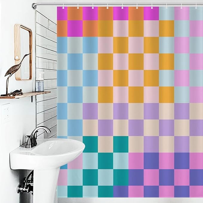 70s Checkered Shower Curtain, Retro Vintage Hippie Groovy Checkboard Colorful Rainbow Abstract Modern Cute Bright Funky Waterproof Fabric Bathroom Shower Curtain Set with Hooks, 72"x72"
