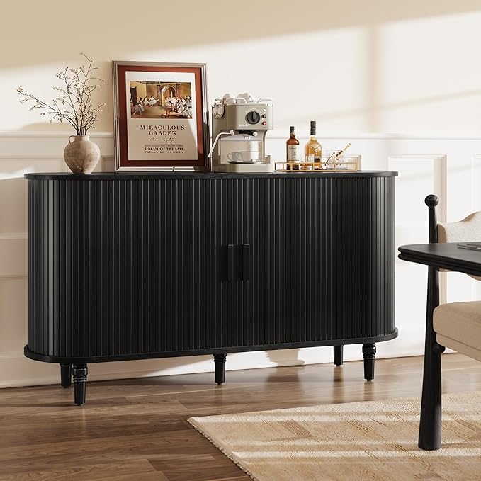 Sideboard Buffet Cabinet with Storage - Accent Kitchen Credenza Console Table with Sliding Door & Adjustable Shelf, Fluted Coffee Bar Sideboards for Living Room, Dining Room, Entryway, Black