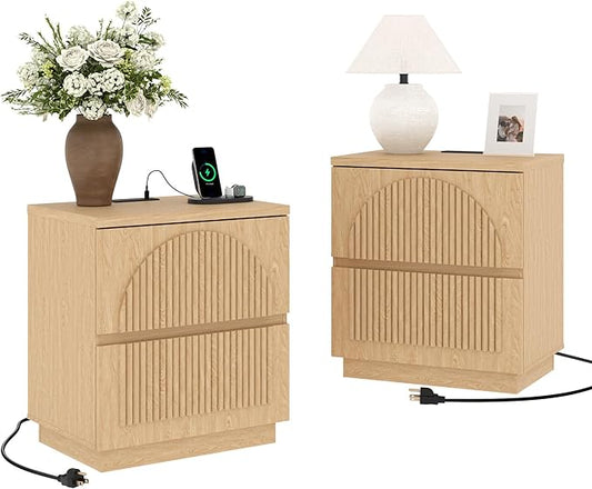 Nightstand with Drawers Set, 2-Drawer Arched Fluted Nightstand with Charging Station, Wooden Night Stand with Storage,Modern Furniture for Bedroom Organization