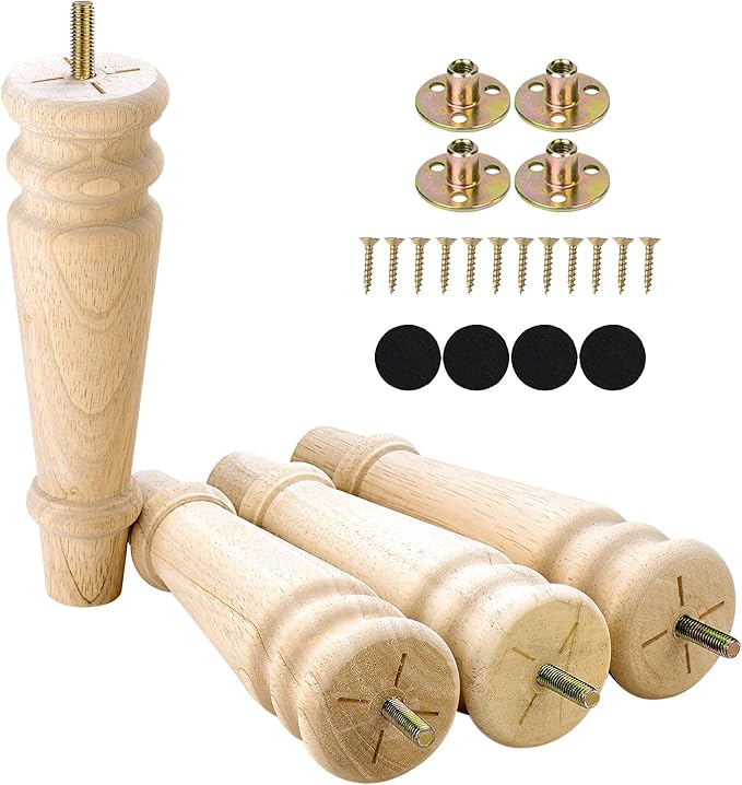Maricome Unfinished Furniture Legs 8 inches Set of 4 Turned Wood Replacement Legs for Dresser Ottoman Chair Bench Solid Round Mid Century Screw in Pre-drilled M8 Bolt