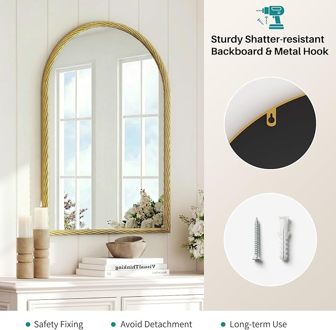 Large Vintage Arched Wall Mirror - 24"X36" Gold Rope-Like Metal Framed Mounted Mirror for Wall Decor, Vanity Mirrors for Bathroom, Living Room, Bedroom, Fireplace