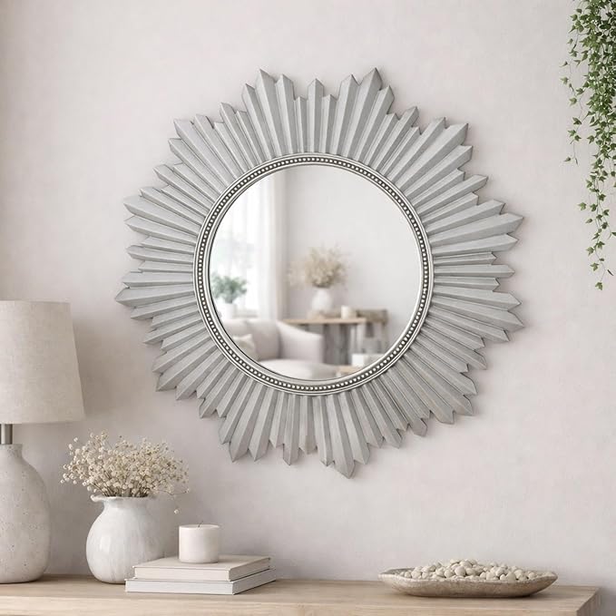Armanda Collection Sunburst Round Wall Mirror Handmade Resin Frame Decorative Home Accent (Silver)