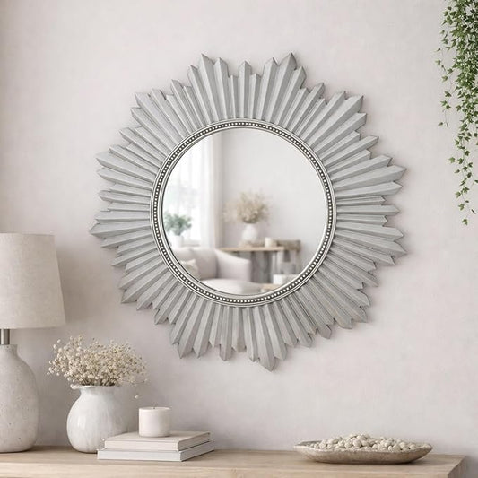 Armanda Collection Sunburst Round Wall Mirror Handmade Resin Frame Decorative Home Accent (Silver)