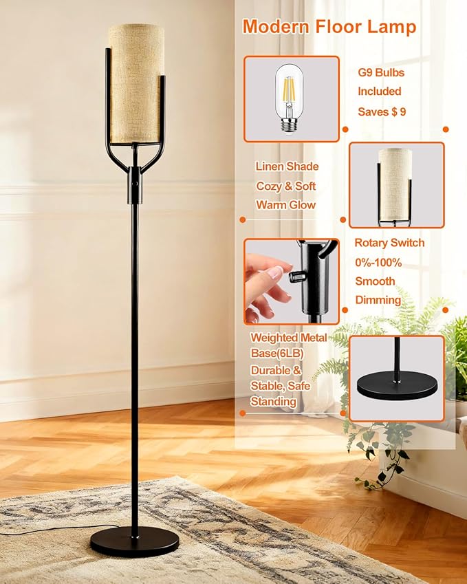64.6IN Gold Floor Lamp - Dimmable LED Floor Lamp with Linen Shade, 3000K Soft Warm White | Bulbs Included | Modern Tall Lamp for Living Room, Bedroom, Wedding & Party