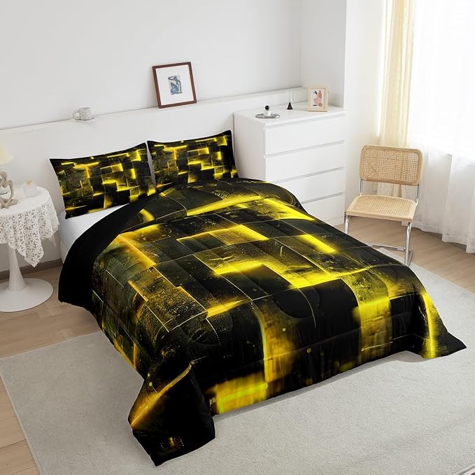 Yellow Black Bedding Twin 3D Glowing Buffalo Twin Comforter Set Modern Abstract Art Bedding Comforter Sets Geometric Plaid Duvet Insert, Gradient Futuristic Cubes Down Comforter (Black Reversible)