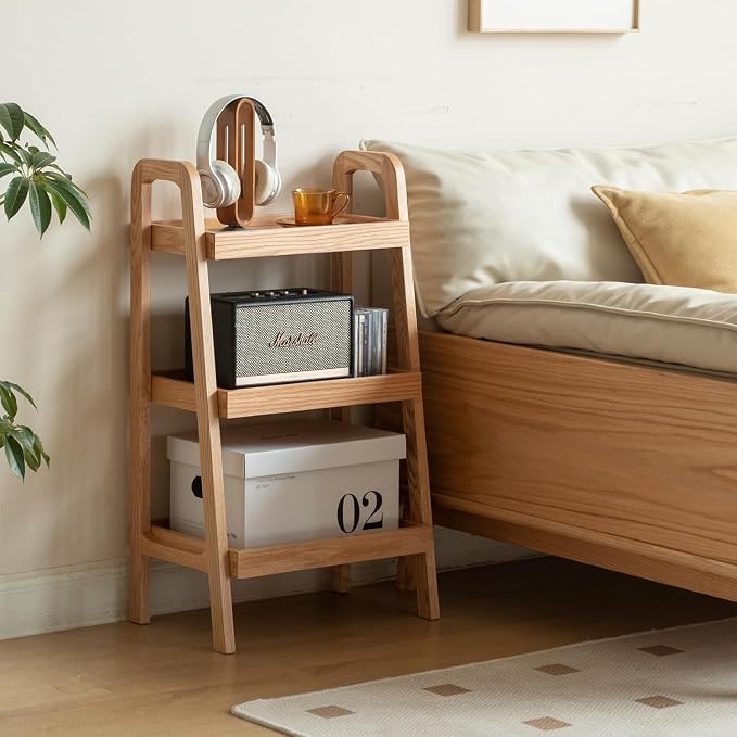 100% Solid Oak 3 Tier Ladder Shelf for Saving Space, Small Bookshelf with Stable Frame, Free Standing Ladder Shelves for Living Room Bedroom Couch, (Natural, 17.72" W x 12.6" L x 31.5" H)