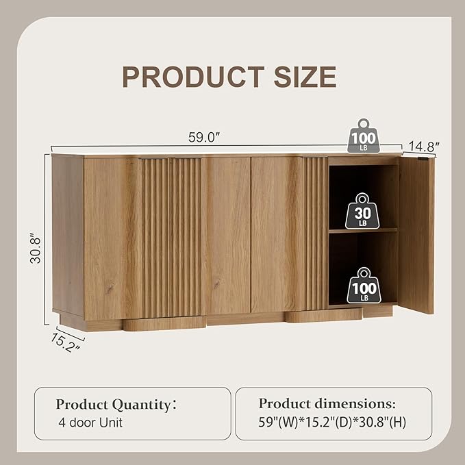 Yechen Buffet Cabinet with Storage, 59" Accent Sideboard Modern Credenza with Doors & Adjustable Shelves Fluted Media Console Wood Coffee Bar Table for Living Kitchen Dining Room