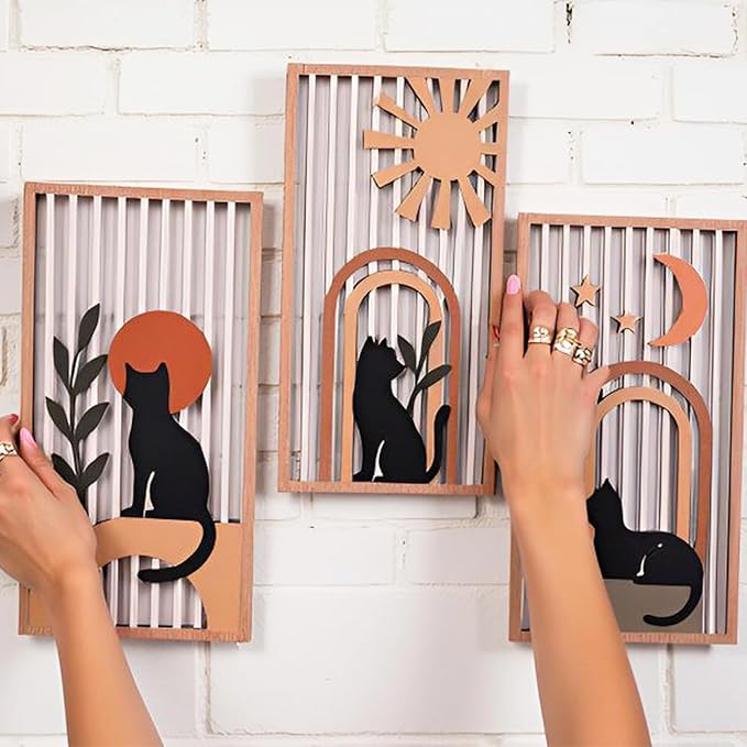 SHENGTIAN 4 Piece Unique Wall Art Set, Aesthetic Cat Art - Geometric Boho Wood Art, Black/Funny Cat Prints, Mid Century Modern Style, for Farmhouse/Office/Bedroom/Living Room, Narrow Vertical Design
