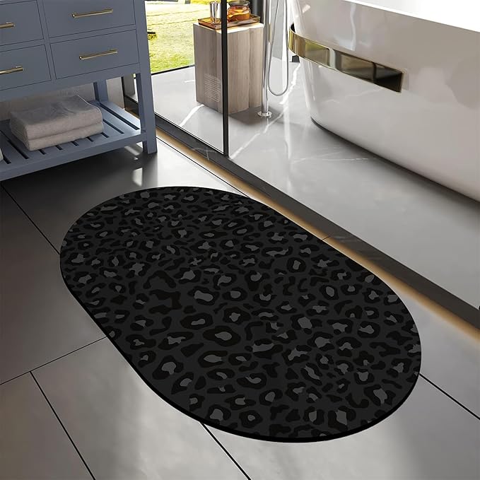 Bathroom Rug Mat Abstract Black Leopard Oval Bath Mat Doormat Absorbent Quick Dry Non Slip Diatom Mud Mat for Shower Tub Sink Laundry Kitchen Doorway 23.6x15.7 Inches