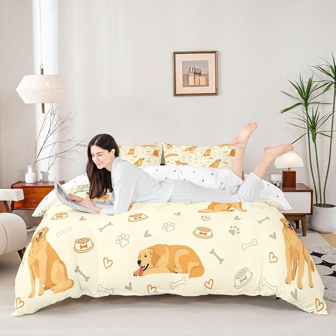 Erosebridal Cute Golden Retriever Bedding Set King Lovely Dog Duvet Cover Pet Dog Lover Comforter Cover for Kids Girls Boys Adults Paw Print Aesthetic Bed Set