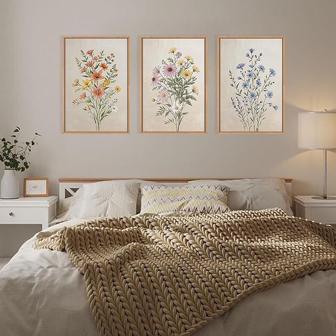 HPINUB Colorful Wildflower Canvas Framed Wall Art Set,Minimalist Botanical Floral Wall Decor,Vintage Flower Artwork,Modern Watercolor Boho Bouquet Art Print for Living Room,Bedroom,Farmhouse-24"x36"x3