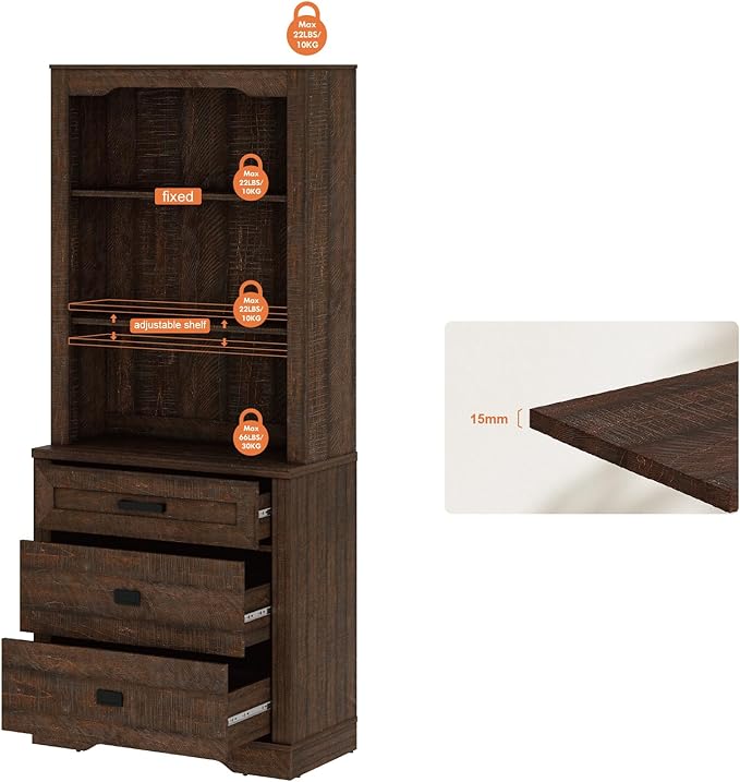 WAMPAT 73.3" Tall Bookcase with Chest of Drawers, 31.5 inch Wide Standing Rustic Bookshelves, Modern Farmhouse Display Storage Cabinet with Adjustable Shelves,Dark Wood Brown