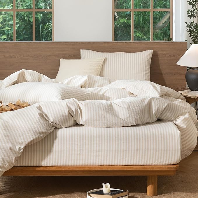 MooMee Striped Duvet Cover Set 100% Washed Cotton Linen Like Textured Breathable Durable Soft Comfy (Almond Milk Grey Classic Stripes, Oversized Full 82"x86")