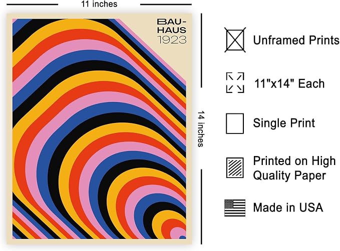 Poster Master Bauhaus Poster - Psychedelic Stripes Print - Abstract Art- Geometric - Graphic Design - Chic Boho - Mid Century Modern Art - 11x14 UNFRAMED