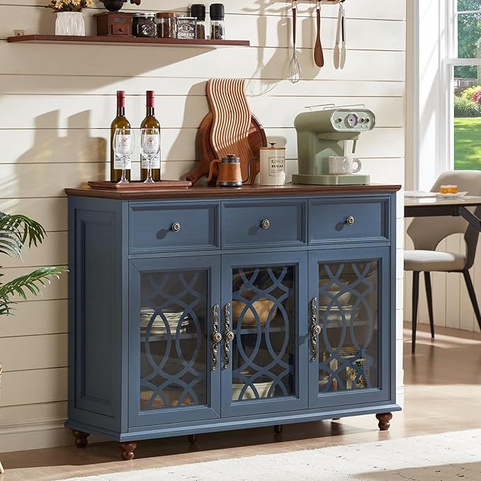Large Sideboard Buffet Cabinet Set of 2 with Storage,48" Credenza with 3 Glass Doors & 3 Drawers,Adjustable Shelves Coffee Bar,Wood Kitchen Console Table for Dining Room,Blue