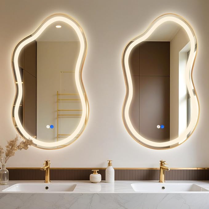 Irregular LED Bathroom Mirror with Lights, Cloud Smart Backlit Mirror, Dimmable Lighted Bathroom Gold Mirror with Anti-Fog, Asymmetrical Vanity Mirror Hangable 2 Ways (Gold, 26 x 46, 2 Pack)