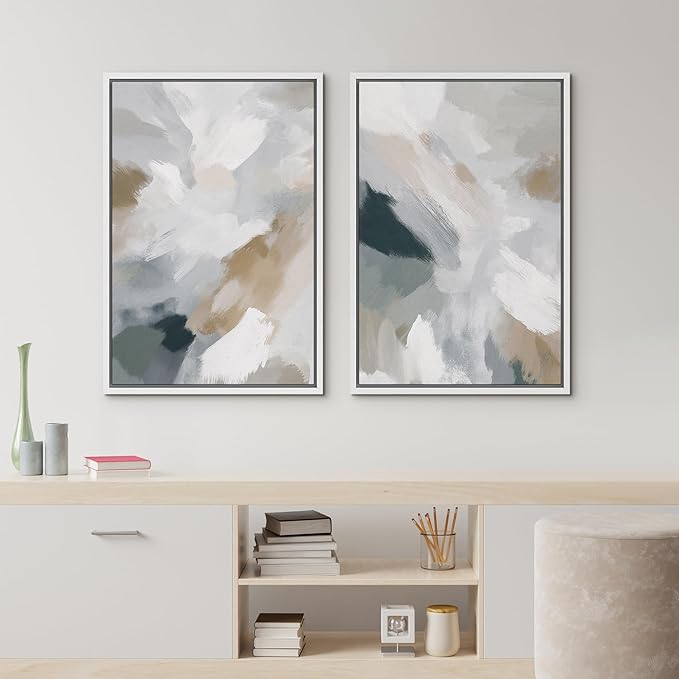 IDEA4WALL Framed Canvas Print Wall Art Set Neutral Brushstroke Abstract Modern Minimalist Illustrations Modern Art Decorative Bohemian Calm/Zen for Living Room, Bedroom, Office - 24"x36"x2 White