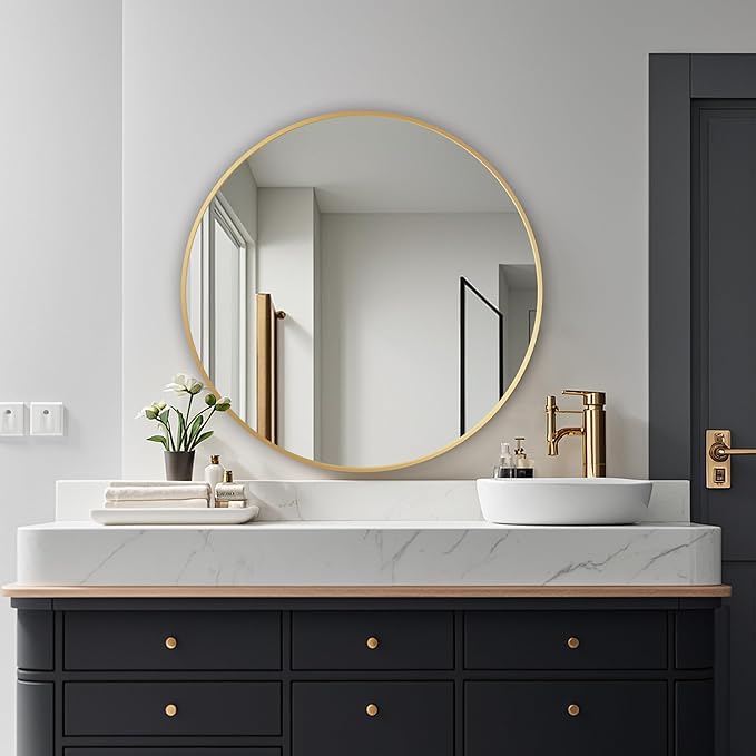 Round Mirror, Wall Mounted Circle Mirror with Brushed Metal Frame, Circular Mirrors for for Bathroom, Living Room, Vanity, Bedroom, Entryway, 30inch,Gold