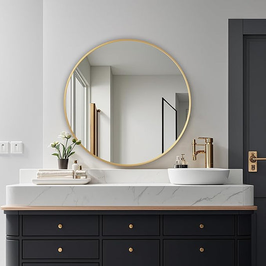 Round Mirror, Wall Mounted Circle Mirror with Brushed Metal Frame, Circular Mirrors for for Bathroom, Living Room, Vanity, Bedroom, Entryway, 30inch,Gold