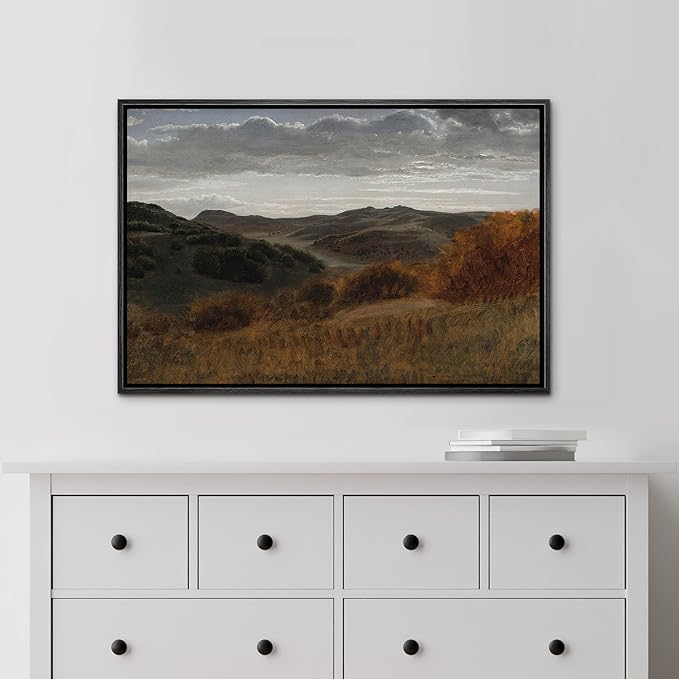 MUDECOR Framed Canvas Print Wall Art Country Mountain Range Filed Landscape Illustrations Fine Art Decorative Zen Multicolor Country/Farmhouse Retro for Bedroom - 24"x36" Black