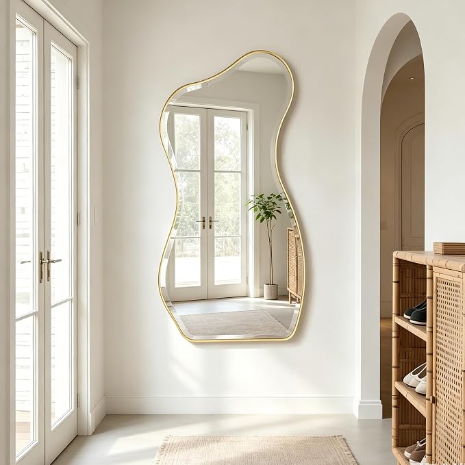 POZINO Irregular Beveled Mirror, 53"x25" Large Asymmetrical Aesthetic Wall Mirror with Gold Metal Frame, Organic Shape Floor Mirrors for Entryway Living Room Bedroom Hallway, Leaning/Wall-Mount