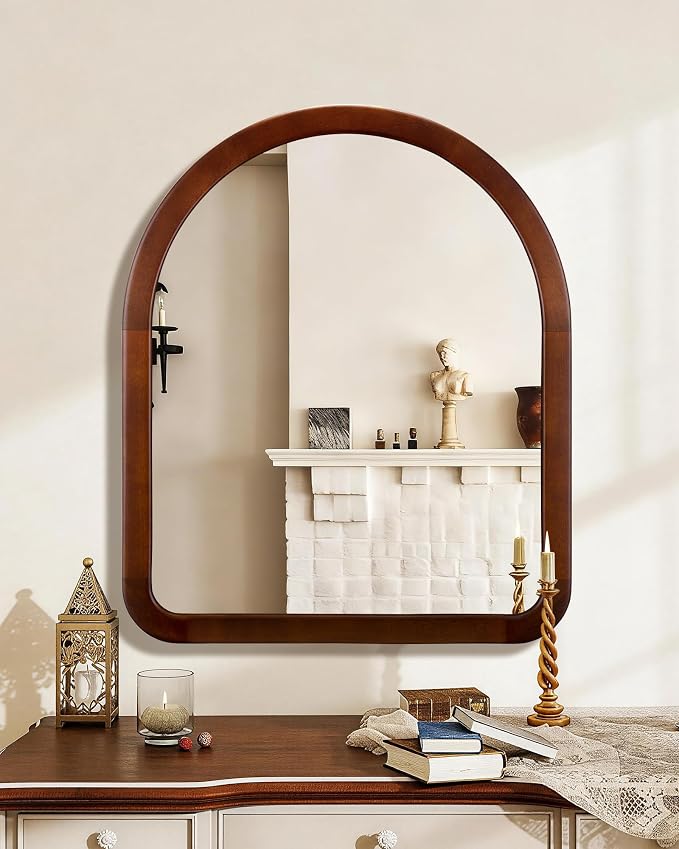 Arched Mirror 30 x 36 Inch,Walnut Brown Wood Rustic Bathroom Tempered Wall Mirror with Wood Frame,Round Corner Arch Farmhouse Wooden Vanity Mirror for Living Room,Entryway or Bedroom
