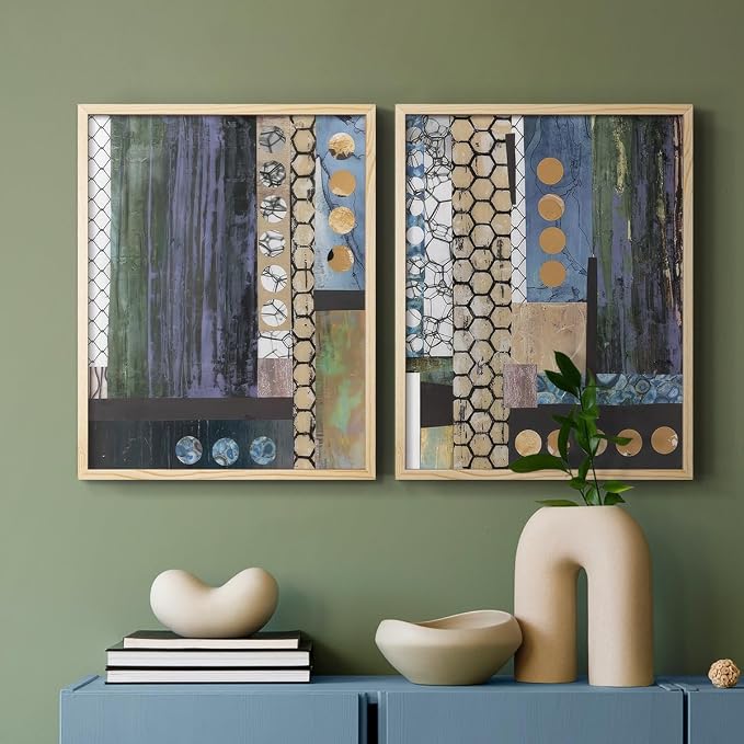 Renditions Gallery Set of 2 Peel & Stick Framed Prints, Geometric Abstract Wall Art, Hexagonal and Circular Pattern Wall Decor, Re-Stickable - Ready to Hang - 8"x10" - NATURAL WOOD Frame LT588