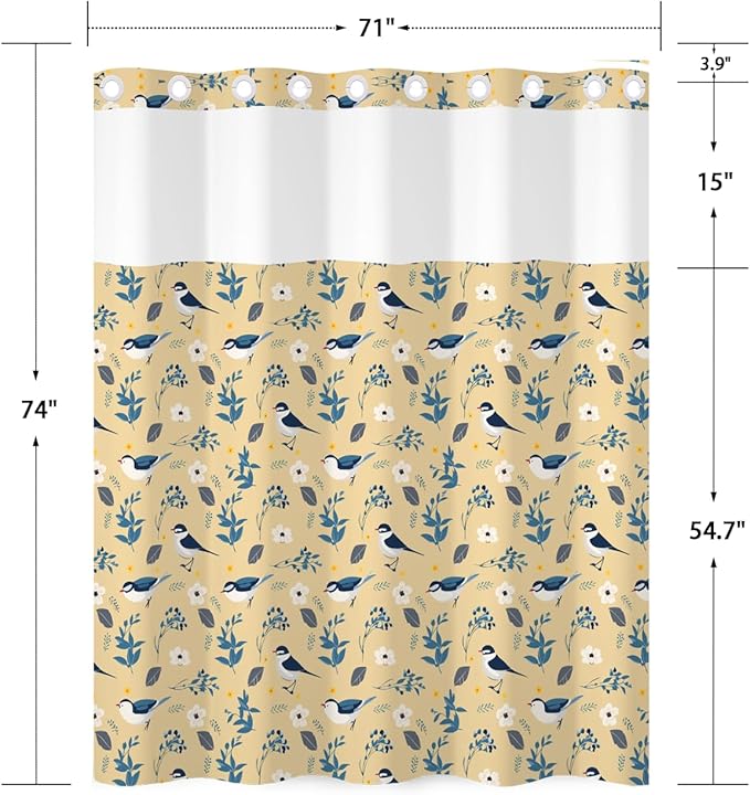 No Hook Shower Curtain and Liner Set, Bird and Floral Print in Yellow Fabric, Waterproof Bath Tub Curtain for Cottage, Farmhouse, Kids Bathroom Decor, See Through Top, 71 x 74 Inch