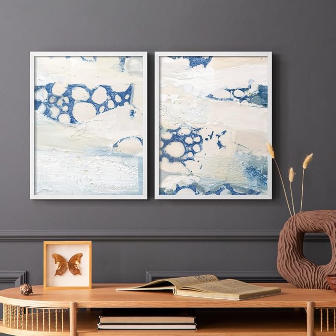 Renditions Gallery Set of 2 Peel & Stick Framed Prints, Textured Abstract Wall Art, Beach Themed Bubble Design Wall Decor, Re-Stickable - Ready to Hang - 22"x28" - White Frame LT588