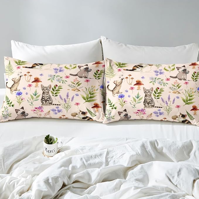 Erosebridal Cute Cat Comforter Cover Full Kitten Cat Lovers Bedding Set Beige Boho Watercolor Floral Duvet Cover for Kids Girls Boys Adults Funny Pet Animal Bed Set