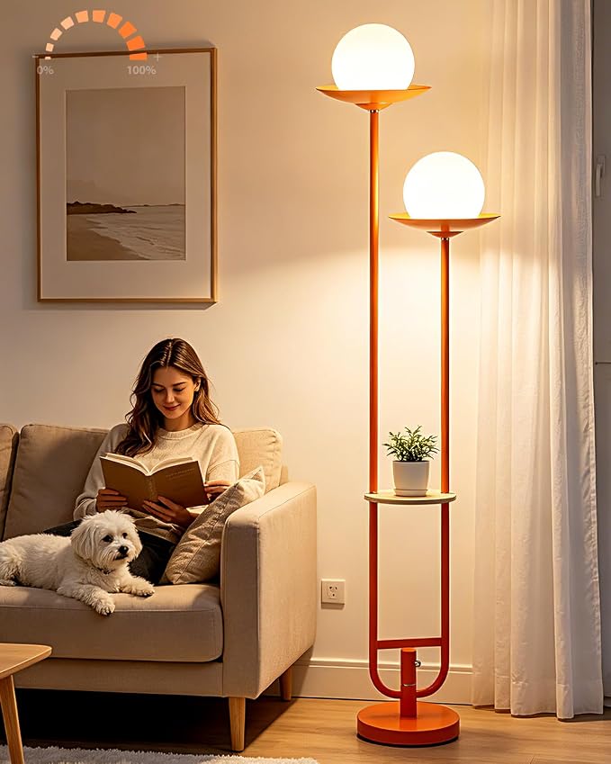 Orange Dimmable Double Globe Floor Lamp with Shelf, 63" 2-Light Mid Century Modern Standing Lamp for Living Room Bedroom, 3000K Warm White Tall Pole Lamp with Foot Switch for Home Office