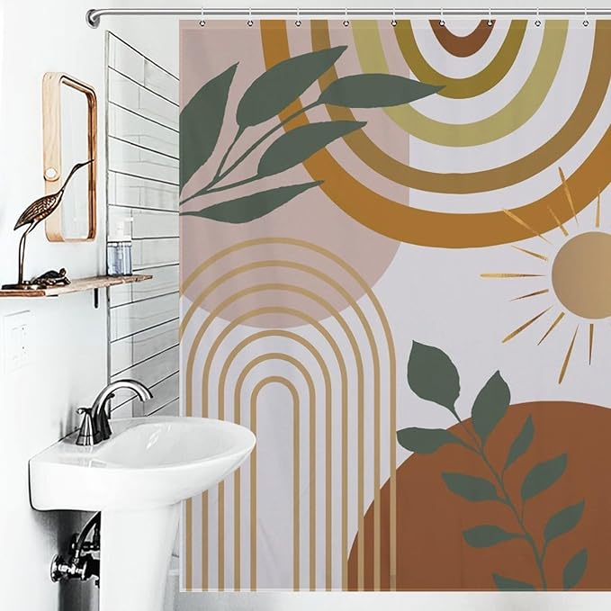Mid Century Shower Curtain,Boho Modern Abstract Minimalist Gold Sun Bathroom Curtain Polyester Waterproof Fabric Decor 72x72in（183x183cm）