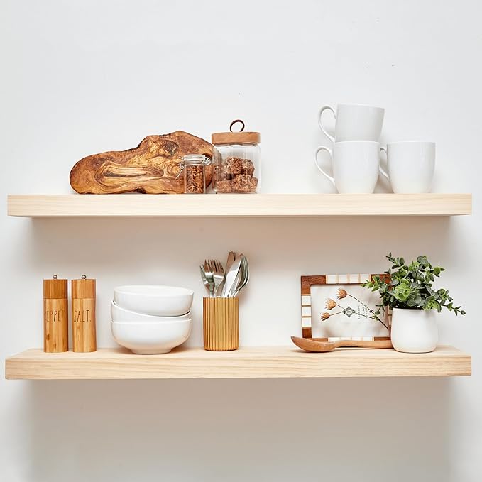 Homeforia 36 inch Natural Floating Shelf, High End Solid Real Wood 36inch Small Floating Shelves for Wall Mounted, Natural Wooden Floating Shelves, Heavy Duty Bracket, 36 X 6.5 X 1.75 in, Set of 4