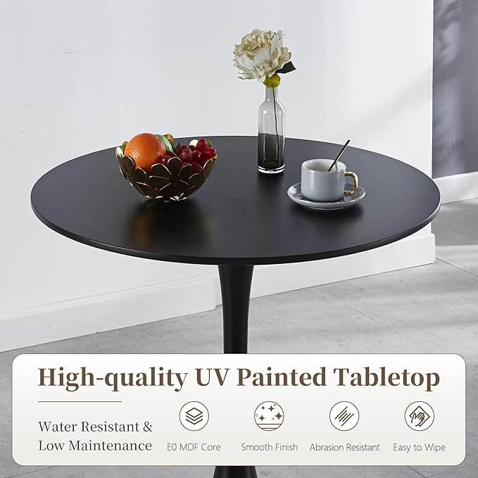 31.5 Inch Round Dining Table,Mid-Century Tulip Table with Metal Pedestal Base,Modern Leisure Table for Small Space Kitchen Dining Room,Easy Assembly,Matte Black