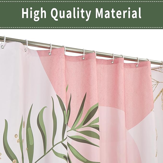 Boho Mid Century Shower Curtain, Pink Modern Minimalist Abstract Geometric Green Gold Plant Leaves Sun Arch Bathroom Curtains Waterproof Fabric Buthtub Curtain Set with Hooks 48" Wx72 L