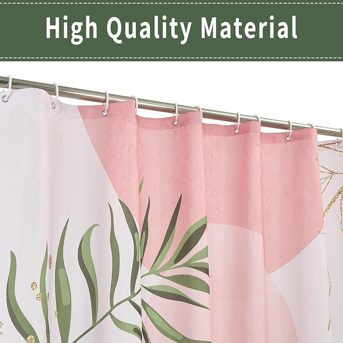 Boho Mid Century Shower Curtain, Pink Modern Minimalist Abstract Geometric Sage Green Gold Plant Leaves Sun Arch Bathroom Curtains Waterproof Fabric Buthtub Curtain Set with Hooks 66" Wx72 L