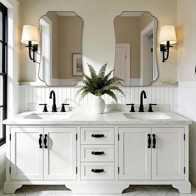 ANDY STAR Bathroom Vanity Mirror, 24x40 Matte Black Rectangle Mirror with Scalloped Round Corner, Vintage Metal Wall Mirror,Hangs Horizontal Or Vertical