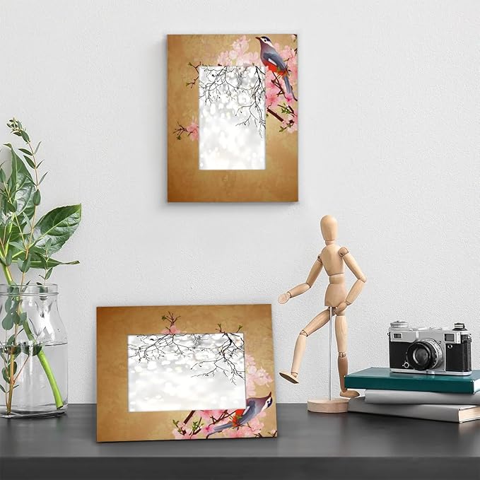 Retro Cherry Flower Birds 4x6 Picture Frame Wooden Photo Frames for Tabletop Display Wall Mounting Fits 4x6 Pictures Home Office Decor