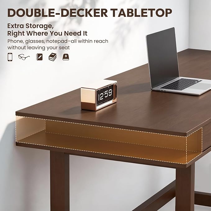 Double-Top Solid Wood Desk - 48-Inch Mid-Century Modern Writing Table with Drawers for Home Office, Study, and Creation, Rubberwood Computer Desk in Black Walnut