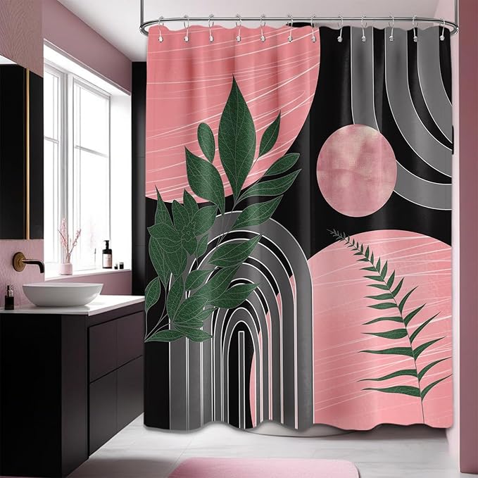 Black and Pink Shower Curtain Boho Mid Century Dark Pink and Grey and Green Shower Curtains for Bathroom Decor, Waterproof Cloth Fabric with Hooks, 70" W x 72" L